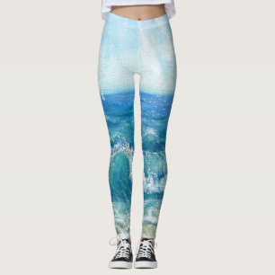 Leggings Ataque de verano, olas azules, pintura acrílica.