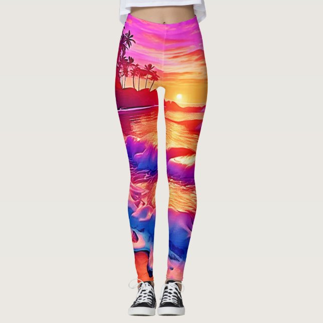 Leggings Atardecer tropical: arte reluciente en la playa (Anverso)