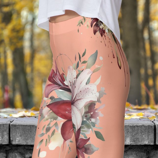Leggings Atractivo Patrón de Bouquets de Flores Rosa (Bouquets on Peach)