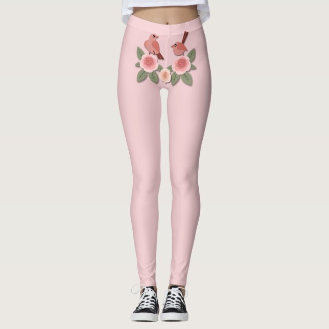 Leggings Aves amorosas rosas y Rosas floridos (Anverso)