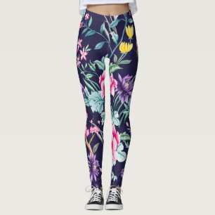 Leggings Aves chinas y flores de medianoche legión azul