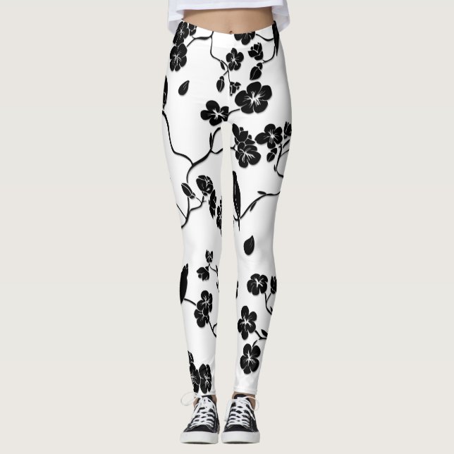 Leggings Aves con motivos blancos y negros en flores de cer (Anverso)