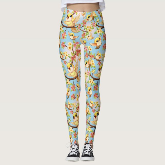 Leggings Aves cortas y felices entre las flores de primaver (Anverso)