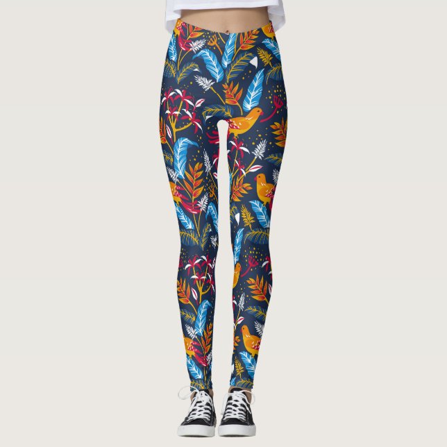 Leggings Aves naranjas y helechos botánicos caprichosos (Anverso)