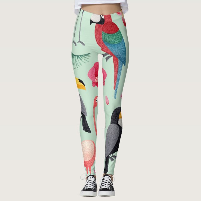 Leggings Aves tropicales, flores, acuarela. (Anverso)