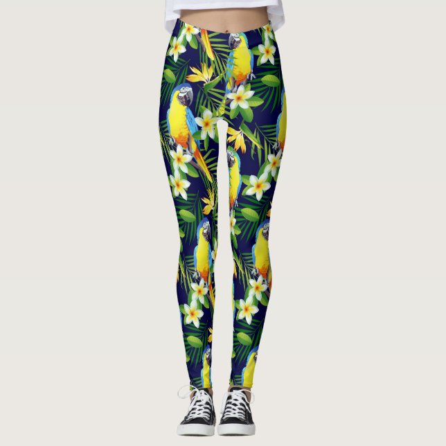 Leggings Aves tropicales: loros e hibiscos en negro (Anverso)