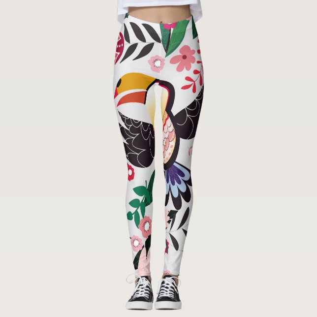 Leggings Aves tropicales, patrón de doodle floral. (Anverso)