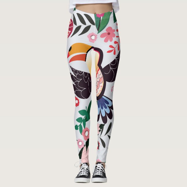 Leggings Aves tropicales, patrón de doodle floral. (Anverso)