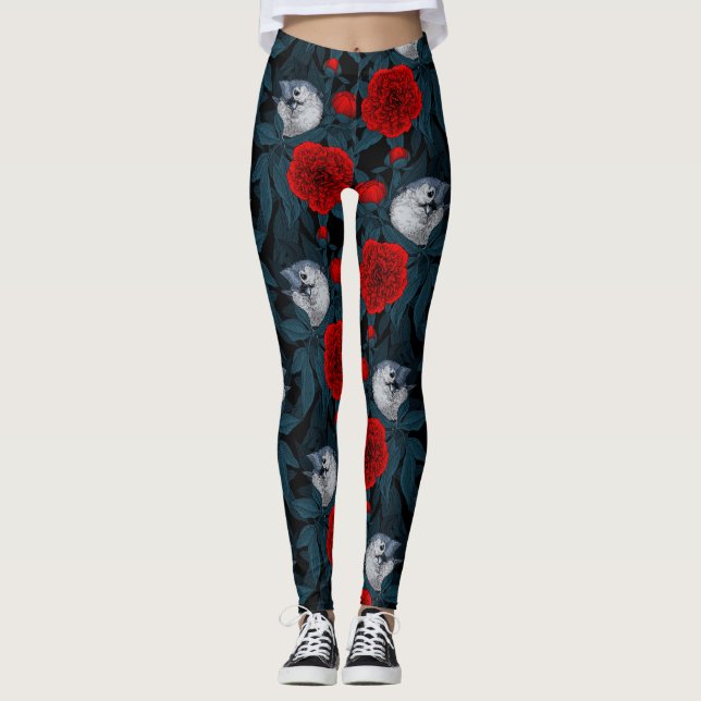 Leggings Aves y flores de peón rojo con hojas azules (Anverso)