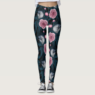 Leggings Aves y flores de peón rosadas con hojas