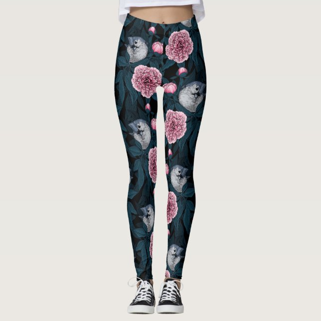 Leggings Aves y flores de peón rosadas con hojas (Anverso)