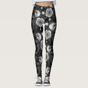 Leggings Aves y flores de peonía monocromas, grises