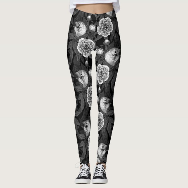 Leggings Aves y flores de peonía monocromas, grises (Anverso)