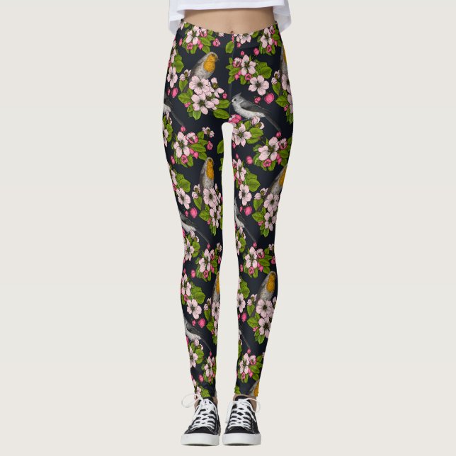Leggings Aves y flores en negro (Anverso)