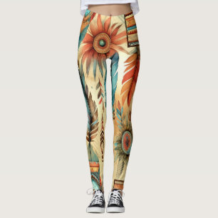Leggings Aztec Boho Tribal Blue Fethers