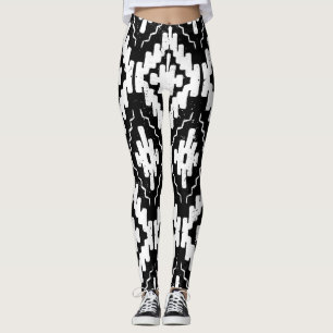 Leggings Azteca Black-White: Impresión étnica vintage.