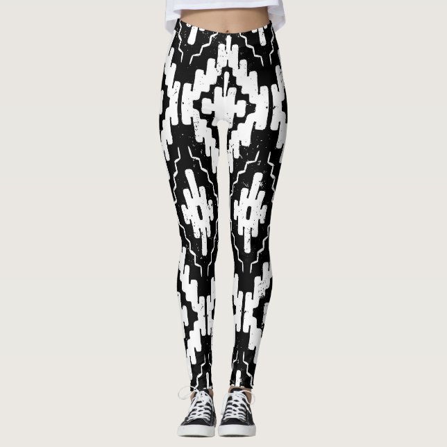 Leggings Azteca Black-White: Impresión étnica vintage. (Anverso)