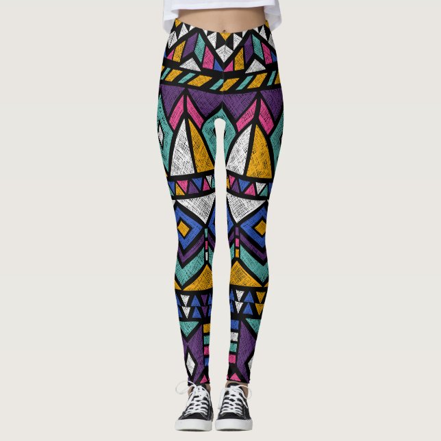 Leggings Azteca geométrica tribal: patrón de venado colorid (Anverso)