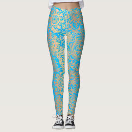 Leggings Azul claro y Boho dorado Mandala Patrón Yoga