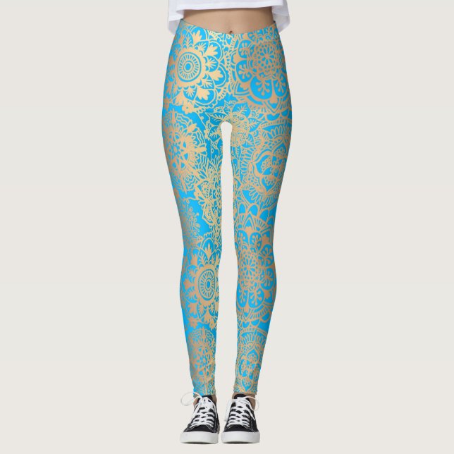 Leggings Azul claro y Boho dorado Mandala Patrón Yoga (Anverso)