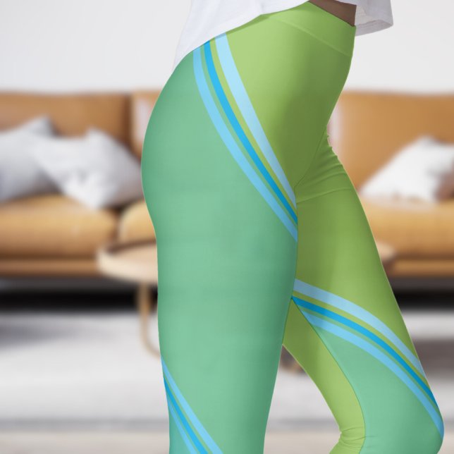 Leggings Azul de Azure de moda bajo impresión con bandas am (Chic Azure Blue under Pale Yellow Banded Print Leggings)