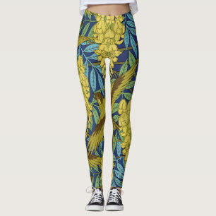 Leggings Azul Marino Antiguo Pájaro y Patrón Floral Amarill