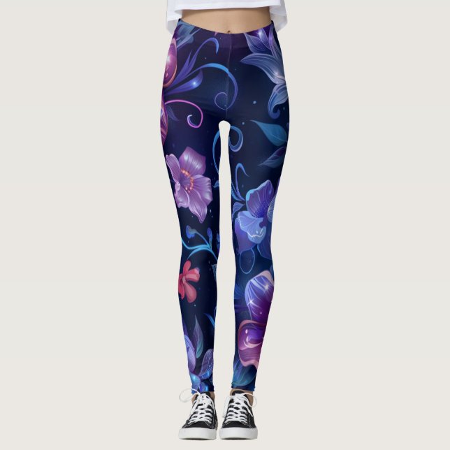 Leggings Azul marino Hibiscus florido (Anverso)