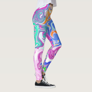 Leggings Azul, Naranja, morado y arte fluido Verde azulado