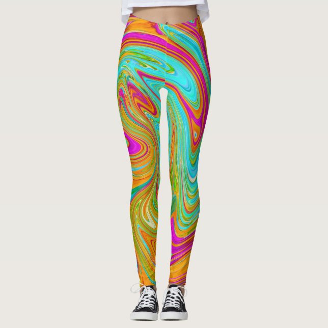 Leggings Azul, Naranja y Rosa Caliente Groovy Abstracto Ret (Anverso)