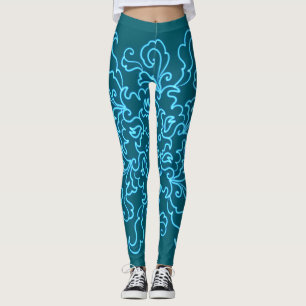 Leggings Azul Neon Oscuro Abstracto Verde azulado Línea Art