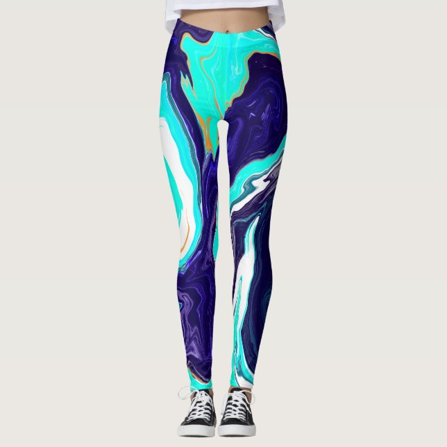 Leggings Azul océano Verde azulado Swift Marble Fluid Art (Anverso)