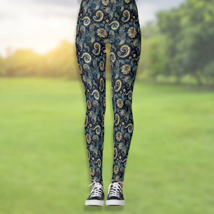 Leggings Azul Oro Engranajes Steampunk Paisley Elegante