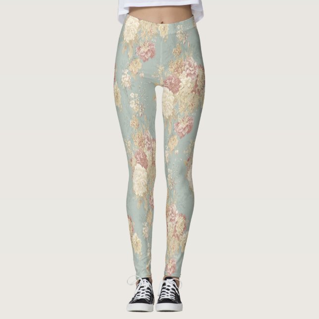 Leggings Azul Rosa Blanco Floral Flores Shabby Chic (Anverso)