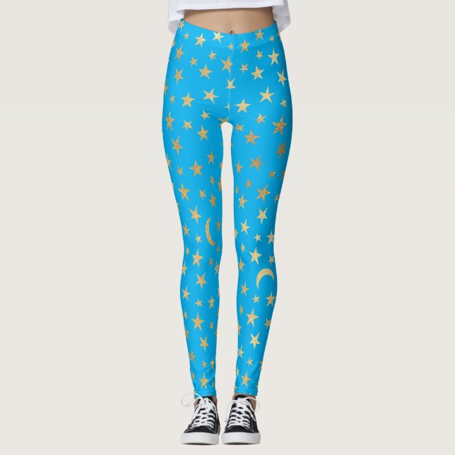 Leggings Azul turquesa con estrellas de Relieve metalizado  (Anverso)