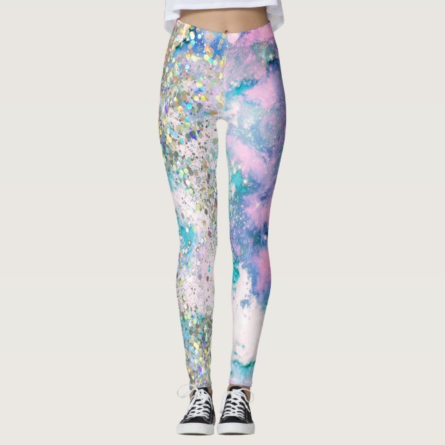 Leggings Azul Verde azulado Galaxia Holográfica Purpurina E (Anverso)