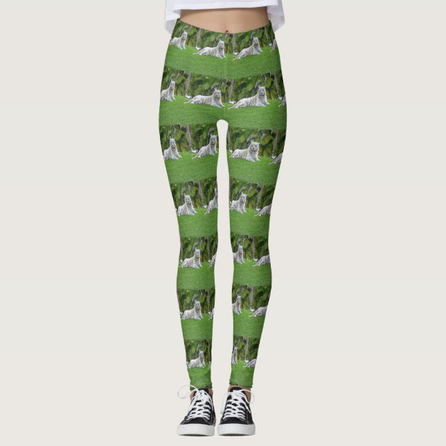 Leggings Azulejo de Pradera Verde Tigre Blanco Sonriente (Anverso)