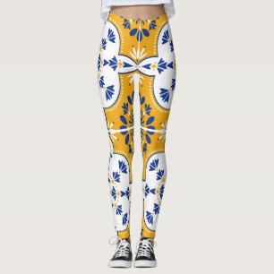 Leggings Azulejos azul Patrón blanco amarillo mosaico Piern