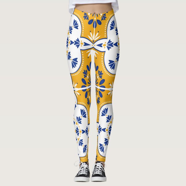 Leggings Azulejos azul Patrón blanco amarillo mosaico Piern (Anverso)