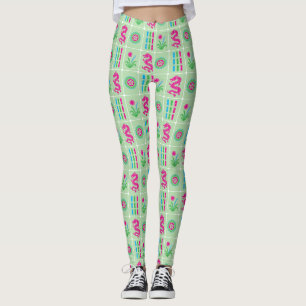 Leggings Azulejos de Mahjong LG #4 Rosa Verde Capri Azul Ve
