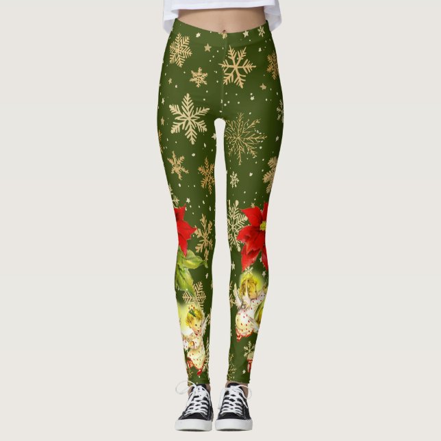 Leggings Bailando ángeles bebés en verde con copos de nieve (Anverso)