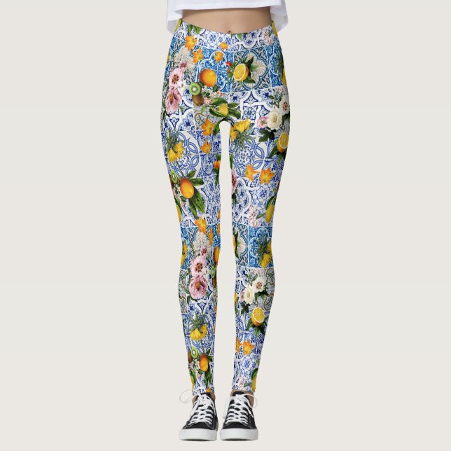 Leggings Baldosas de estilo siciliano con flores y limón (Anverso)