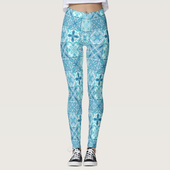 Leggings Baldosas orgánicas en azul y blanco (Anverso)