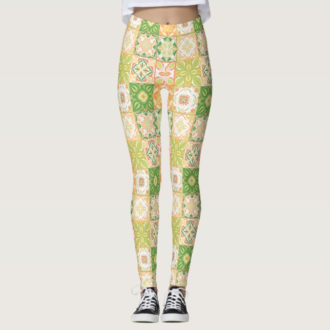 Leggings Baldosas orgánicas en verde y amarillo (Anverso)