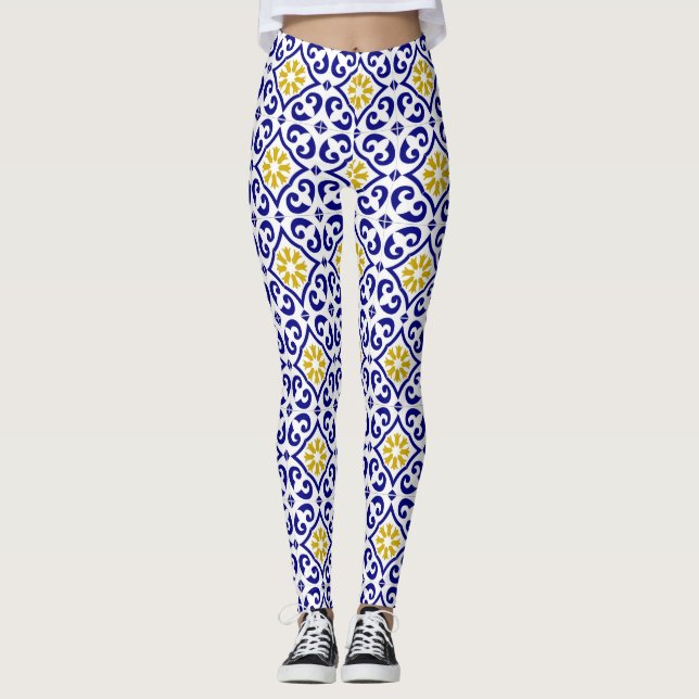 Leggings Baldosas portuguesas Azulejo Patrón Yoga Pants Azu (Anverso)