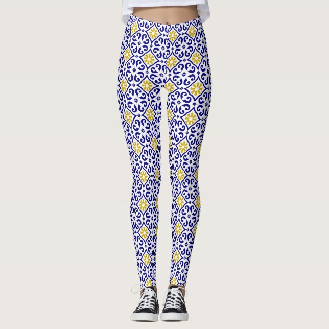 Leggings Baldosas portuguesas Azulejo Patrón Yoga Pants Azu (Anverso)