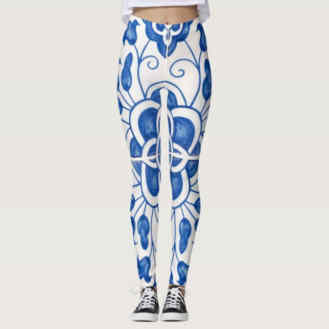 Leggings Baldosas portuguesas Azulejo Patrón Yoga Pants Azu (Anverso)