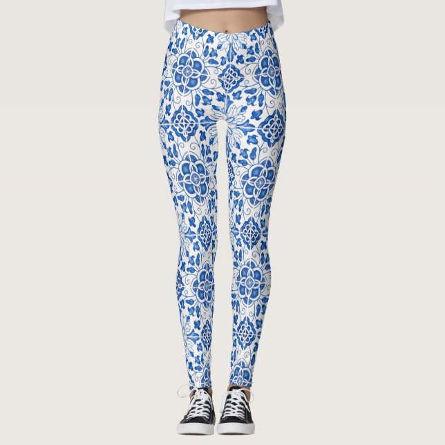 Leggings Baldosas portuguesas Azulejo Patrón Yoga Pants Azu (Anverso)