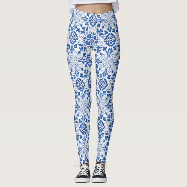 Leggings Baldosas portuguesas Azulejo Patrón Yoga Pants Azu (Anverso)
