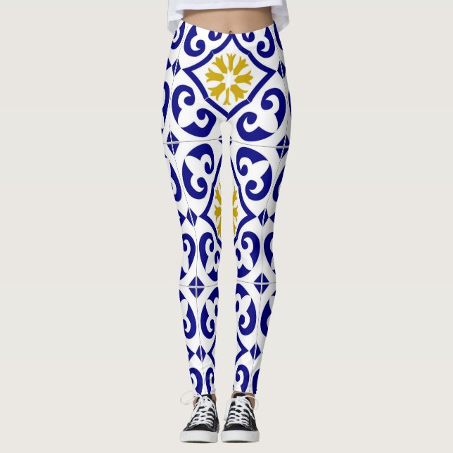 Leggings Baldosas portuguesas Azulejo Patrón Yoga Pants Azu (Anverso)