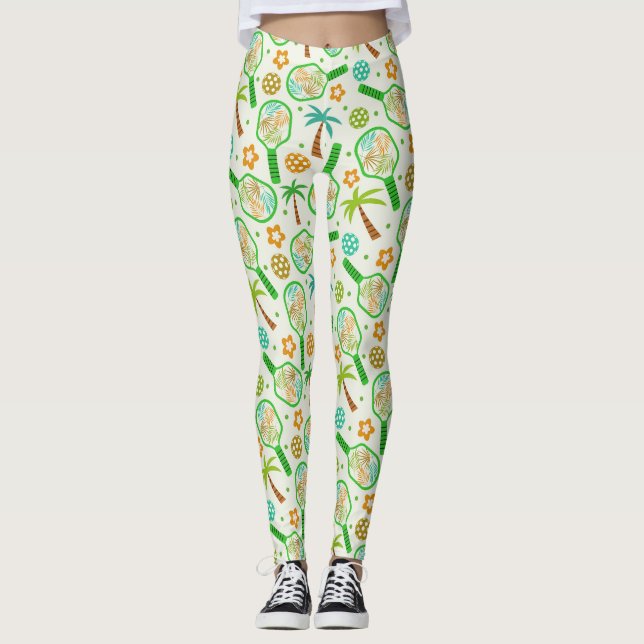 Leggings Baloncesto tropical con bolas en verde y Naranja (Anverso)